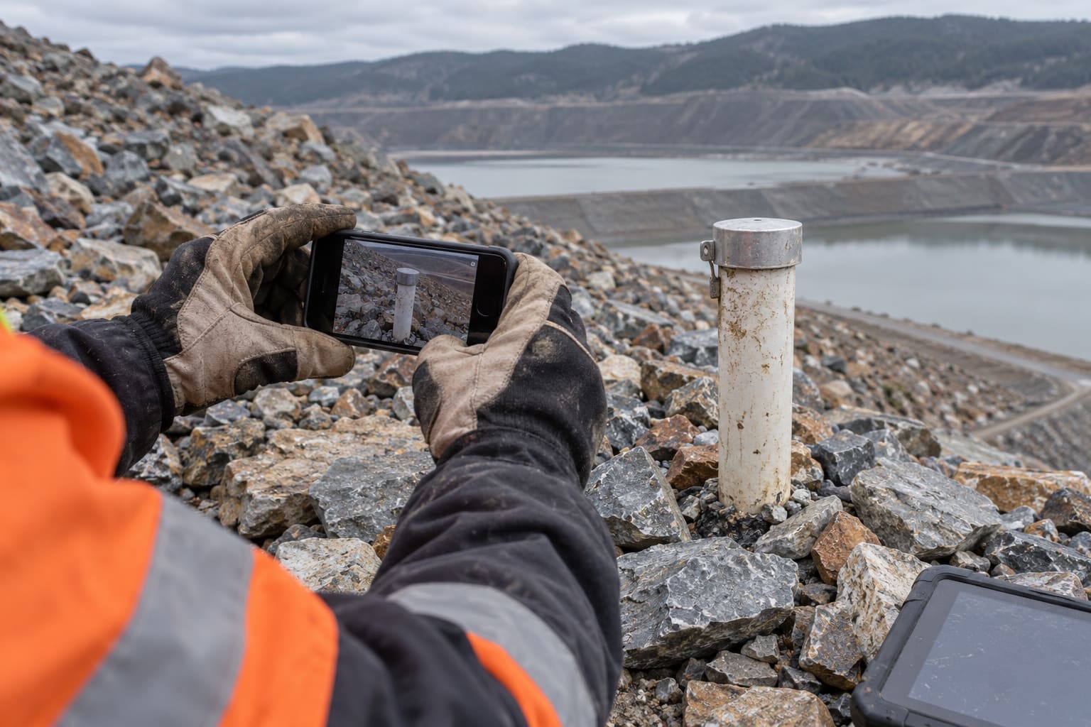 Gloved hands photographing a piezometer on a tailings dam slope as field evidence.