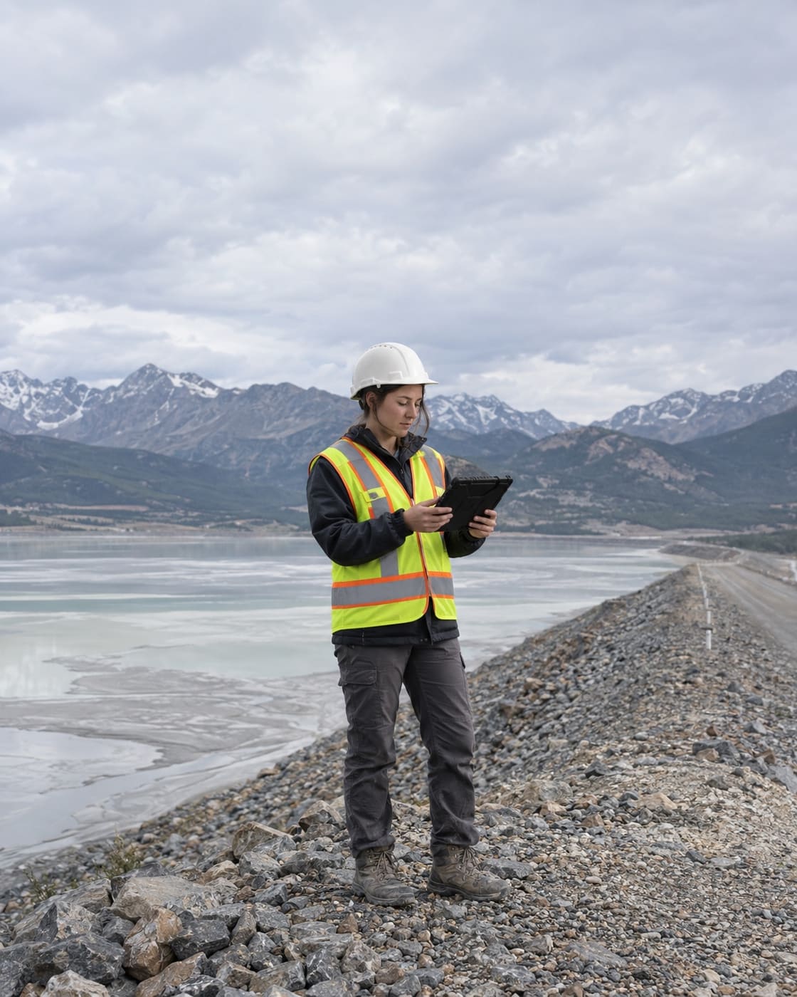 Site operator in a hard hat and hi-vis vest reviewing a tablet on the crest of a tailings dam.