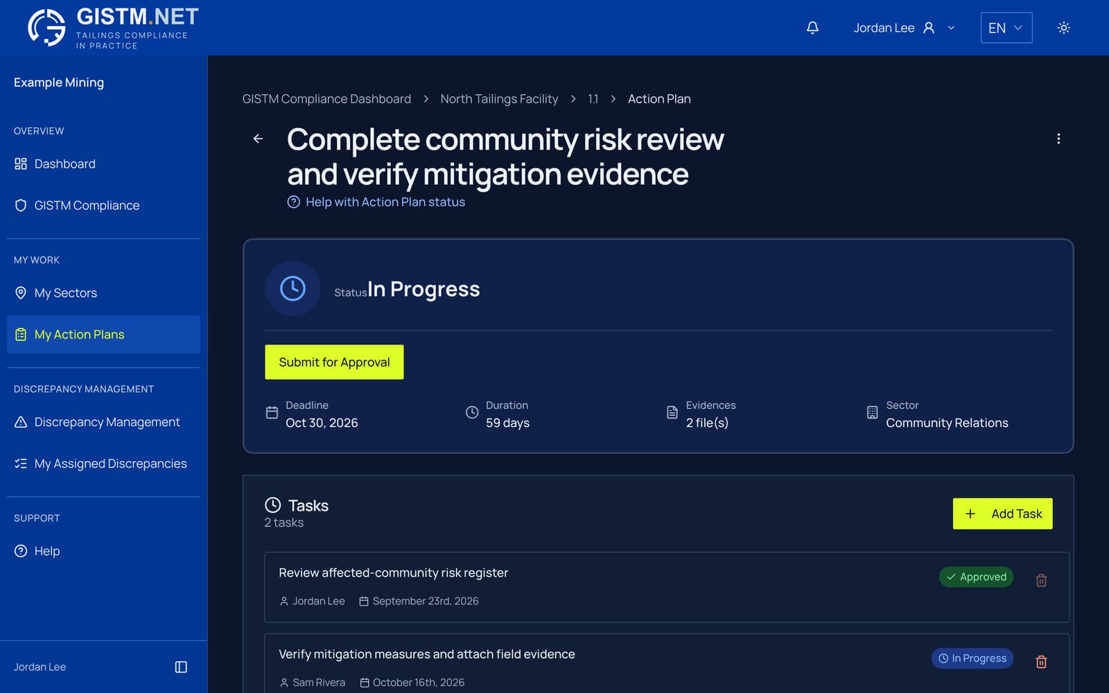 GISTM.NET operator view: an action plan with assigned tasks, review notes and attached evidence.